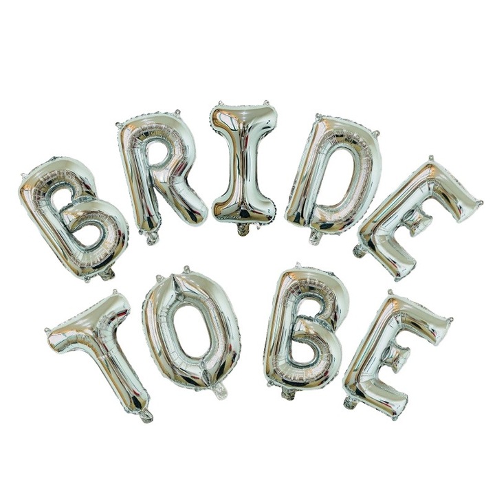 Fém fóliás lufi készlet, modell leendő menyasszony, 40 cm-es betűk, party lufi, egyedi csomagolás, szívószál is, szürke