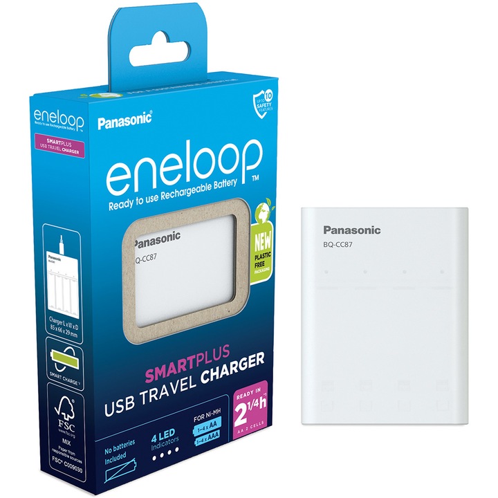 Зарядно устройство Panasonic Eneloop BQ-CC87USB, 4 канала, LED, Бял