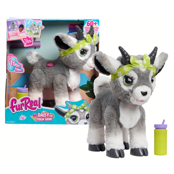 Interaktív játék, furReal, Daisy kecske, 60 hang és mozgás, szürke, 29 cm, vizespalackkal együtt