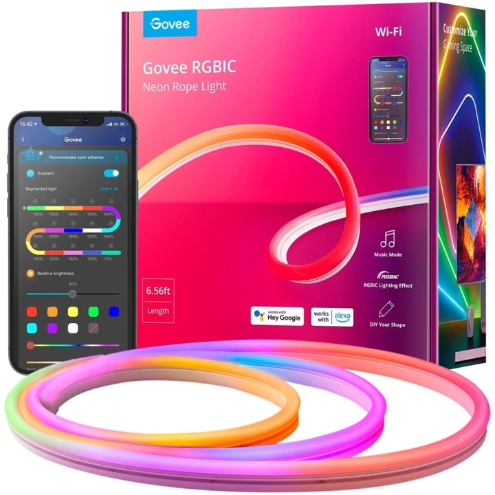 Banda LED inteligenta Govee RGBIC Neon Rope Light, Wi-Fi, Bluetooth, 36W, Sincronizare Muzica, Alexa, Google Asistant, 2m