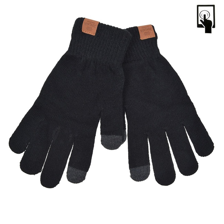 Mănuși negre pentru ecran tactil cu patch maro "Original Vintage", set, dimensiune 9-14 ani