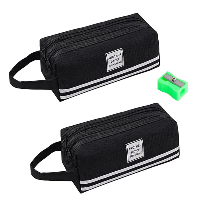 Set 2 Penar, SINBINTA, Cu mini ascutitoare de creioane, 2 Compartimente, inchidere cu fermoar, maner fix, unisex, Pentru adolescenti, Tesatura oxford, Negru