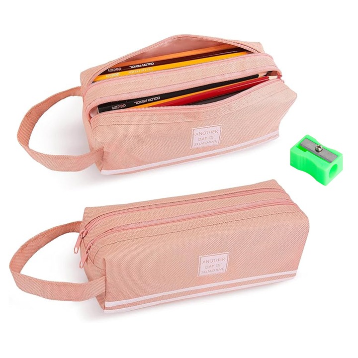 Set 2 Penar, SINBINTA, Cu mini ascutitoare de creioane, 2 Compartimente, inchidere cu fermoar, maner fix, unisex, Pentru adolescenti, Tesatura oxford, Roz