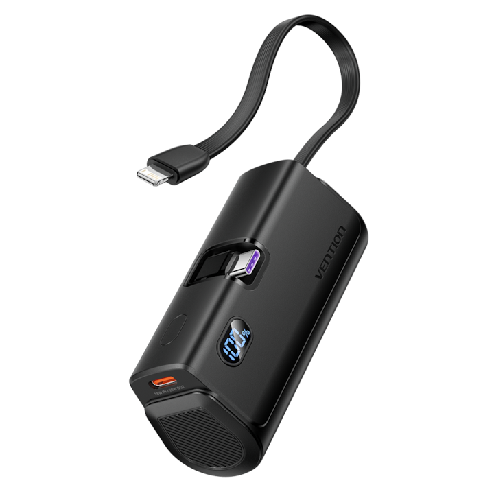Външна батерия, VENTION, 4800mAh, Компактна и преносима, 1 USB Type-C конектор/1 x USB Type-C интерфейс/ 1x Lightning кабел, Цифров дисплей, Черен