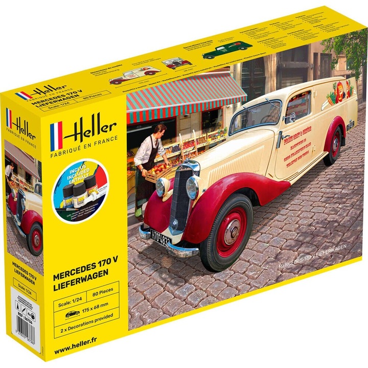 Automodel de construit Heller Mercedes 170 V Lieferwagen cu vopseluri pensula si adeziv 1:24 HELL 56736