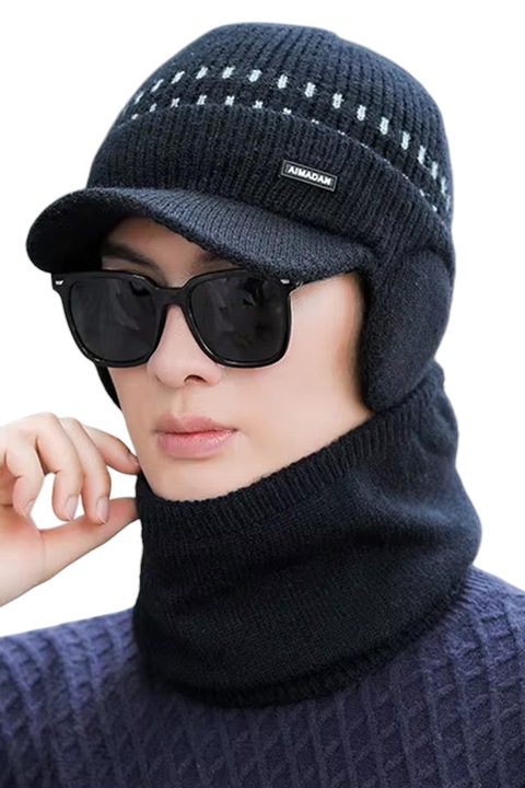 Set doua piese, caciula barbati cu fular asortat, model cu cozoroc si acoperitori pentru urechi, calduros, tematica urban style, marime universala, neagra, EFAYN