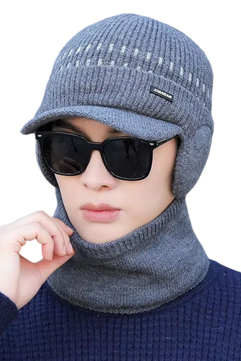 Set doua piese, caciula barbati cu fular asortat, model cu cozoroc si acoperitori pentru urechi, calduros, tematica urban style, marime universala, gri, EFAYN