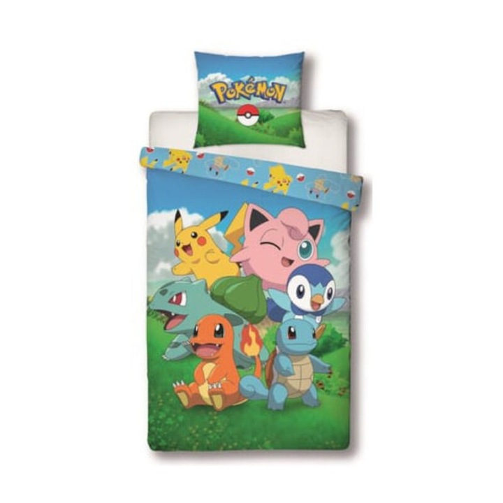 Lenjerie de pat microfibra copii Pok├⌐mon Chill Team, 2 piese 140x200 cm, 63x63 cm Albastru