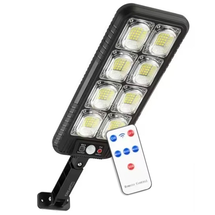 Lampa GREATON Pentru Exterior Cu Incarcare Solara, Senzor Miscare Si Lumina, Telecomanda, Cu Montare Pe Perete, 3 Moduri De Iluminare, 200 Leduri, Lumina Neutra, Rezistenta La Apa, Praf, Conditii Meteo Nefavorabile, Model JX200LED, Negru