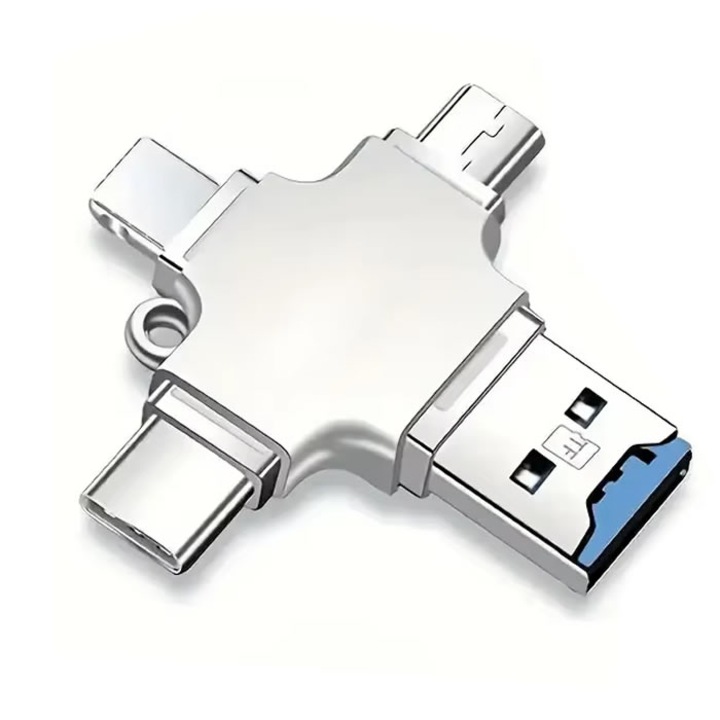 Card Reader 4 in 1, Active, compatibil IPhone, Ipad, Android, Mac, Windows, PC, Camera, Type-C, Lighting, Usb C, micro usb, usb 3.0, OTG, cititor extern carduri microSD