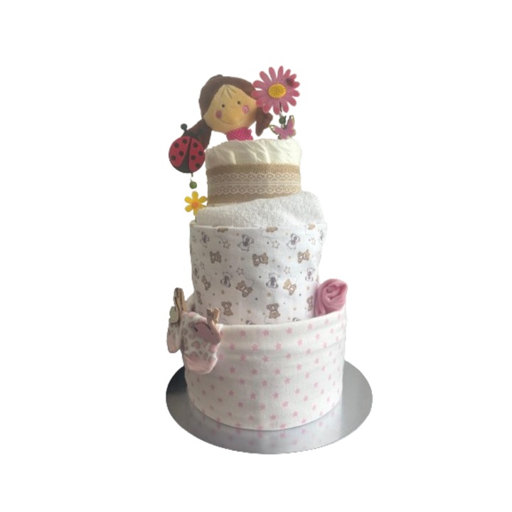 Tort scutece pentru fetite, roz, 56 piese