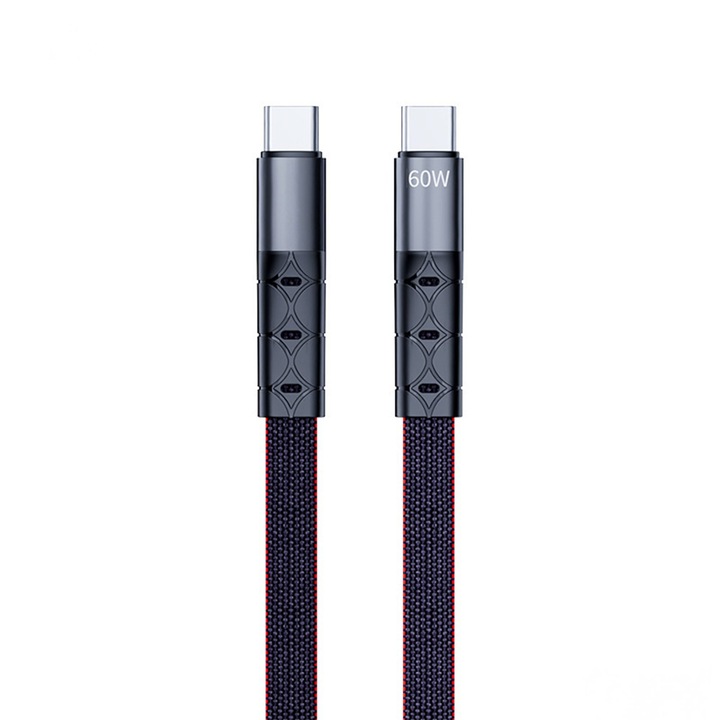 Töltő- és adatátviteli kábel, Timebox, Gyors töltés 65W, 2m, USB-C - Type-C, Slim, Kompatibilis MacBook, Android, Samsung, Huawei, Macbook, Xiaomi, fekete
