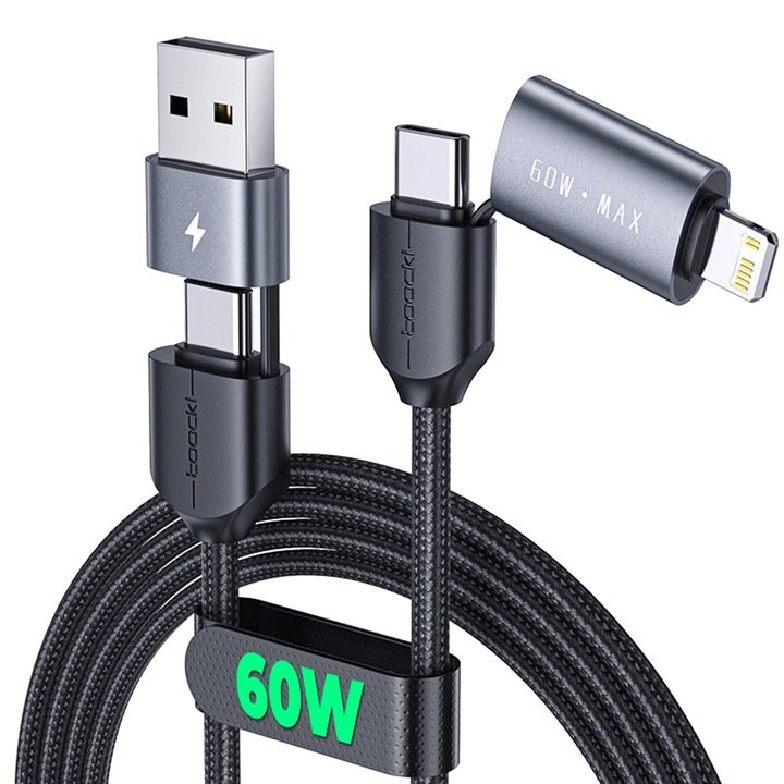 Кабел за зареждане и пренос на данни, Timebox, Fast Charge 60W, 1m, 4 в 1, 2 x USB-C, USB, Lightning, Съвместим Macbook, Android, Samsung, Huawei, Xiaomi, черен