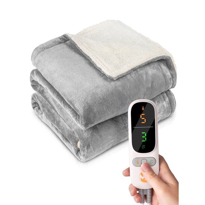 Електрическо одеяло, MalTec, CozyHeat160W, Регулиране, Таймер, Дистанционно управление, 180x160 см, Сиво