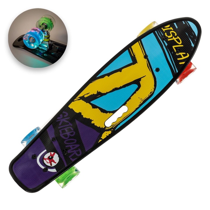 Skateboard Pennyboard, Model Multicolor, Maner de Transport, LED, 56x14cm, Cadru Aluminiu