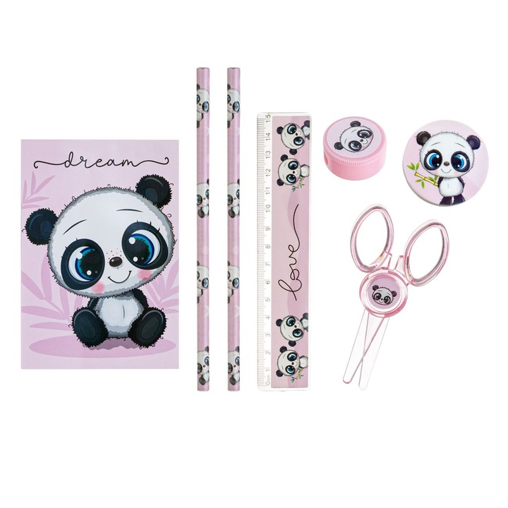 Set școală Panda, 7 piese, dimensiuni ambalaj 9x23cm, pentru fete