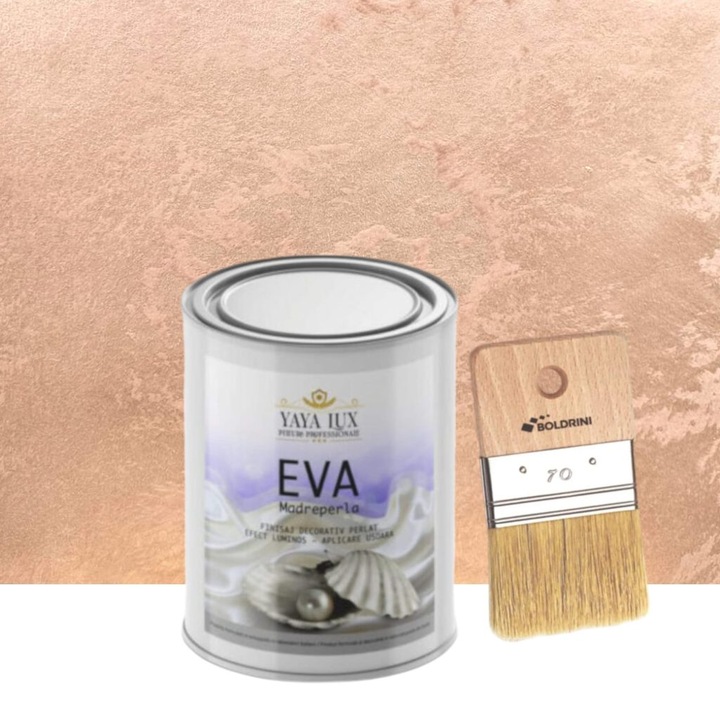 Set Vopsea Decorativa de Lux, Eva Madreperla, Roz Prafuit, cu Fulgi de Sticla, 0,5 Litri si Pensula 70 mm, YaYa Color