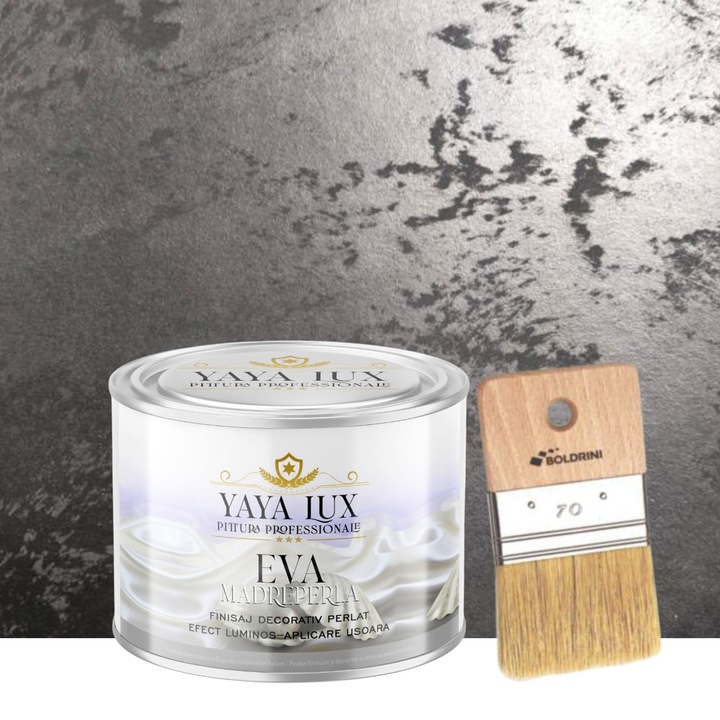 Set Vopsea Decorativa de Lux, Eva Madreperla, Negru, cu Fulgi de Sticla, 0, 5 Litri si Pensula 70 mm, YaYa Color