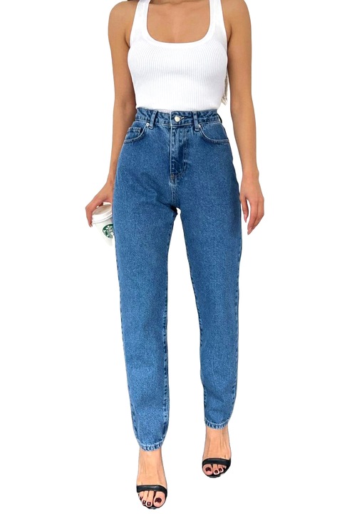 Blugi boyfriend ThaLeea, cu talie inalta si croiala conica, Albastru