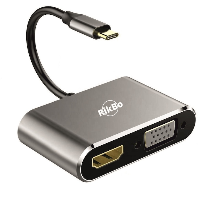 Dokkolóállomás, USB C 4 az 1-ben RikBo® Plug & Play, USB Type-C – 1 x 87 W USB-C – tápellátás, 1 x 4K HDMI, 1 x VGA, 1 x USB 3.0