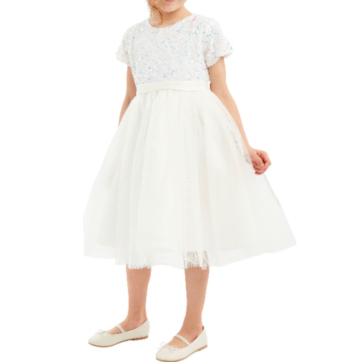Elegáns lányruha Elisa, fehér, flitterekkel és masnival - Ideális esküvőkre, keresztelőkre és különleges eseményekre