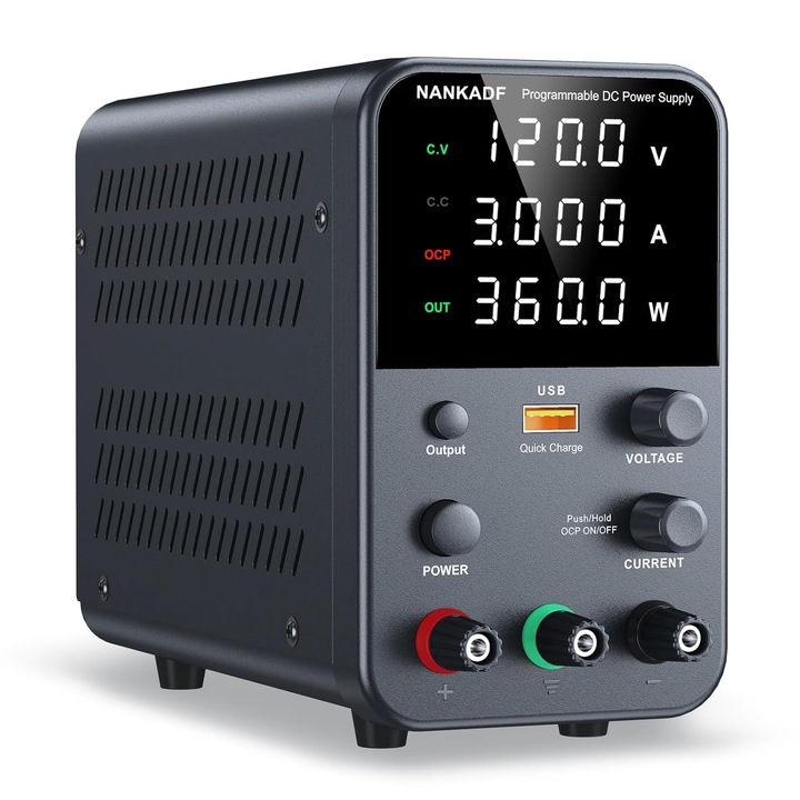 Sursa de alimentare de laborator 0-120 V, 0-3 A, 360 W, cu display LED, ventilator de racire, functie protectie supracurent (OCP), cu port USB 18 W, stabilizare voltaj si curent, CV/CC