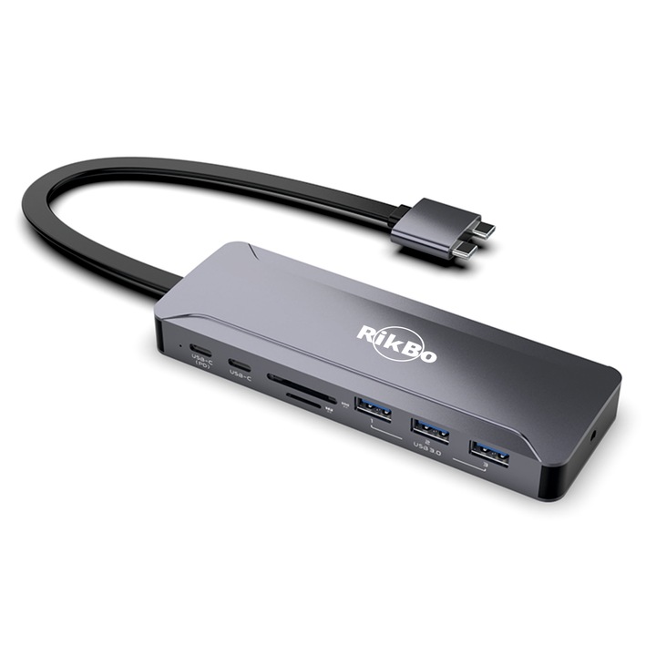 Докинг станция RikBo, 13 порта, USB C, 1x 10/100 RJ45, 2x 4k HDMI, 3x USB3.0, 2xUSB2.0, 1x TypeC порт за данни, 1x TypeC PD порт, 1x AUX порт, 2x SD порт, 1x TF Macbook Pro Порт, съвместим с въздух
