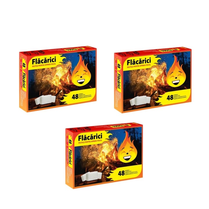 Set 3 cutii pastile pentru aprins focul, 48 buc/cutie, Flacarici