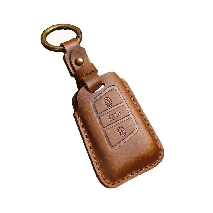 Husa cheie VW Passat Golf 7 Skoda Superb, din piele naturala, AUTOTOB®, maro