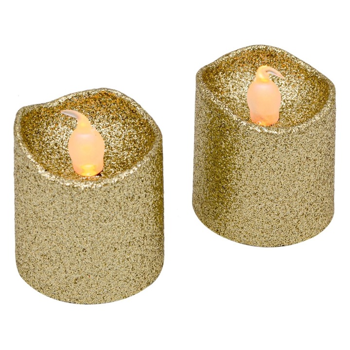 Lumanare tip Pastila cu LED Alb Cald Glitter Auriu de Craciun Ø3.5x4cm - 2buc