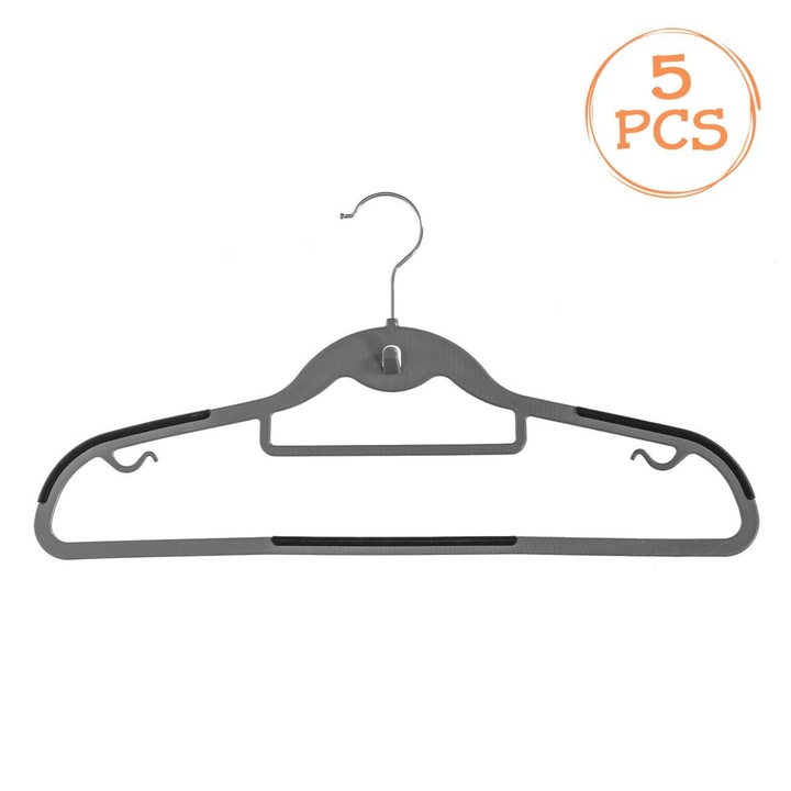 Неплъзгащи се пластмасови закачалки, сиви, комплект от 5 части, 44,5 см