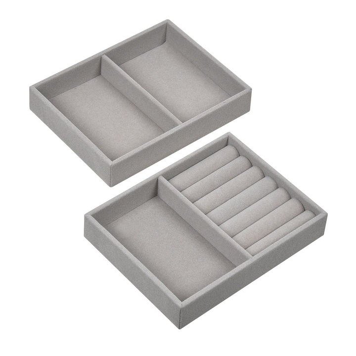 Set suporturi organizare bijuterii 2buc, 15.5x12cm, gri, cu compartimente pentru inele, coliere, bratari si cercei