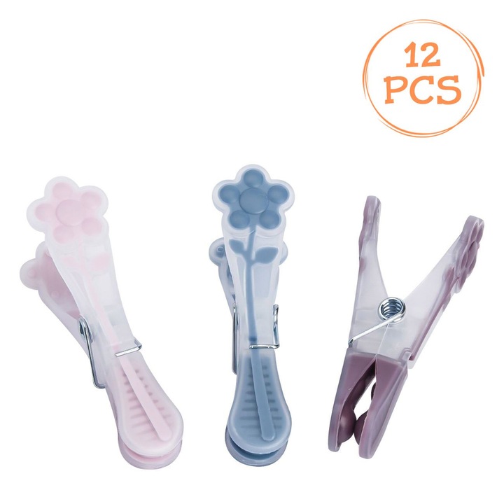 Carlige Rufe, Model Floare, Set 12 Bucati, Multicolor, Plastic, Maner Softgrip, MYONNA IT & E- COMMERCE ®