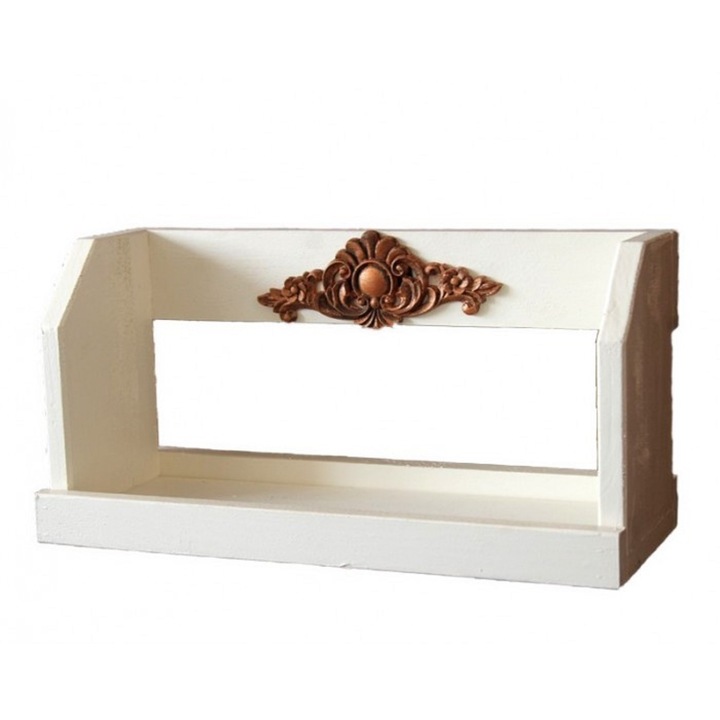Etajera cu ornament din lemn, pictata manual, crem, bronz, lungime 40 cm