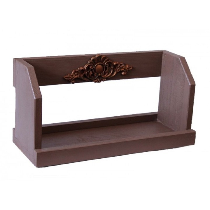 Etajera cu ornament din lemn, pictata manual, maro, bronz, lungime 40 cm