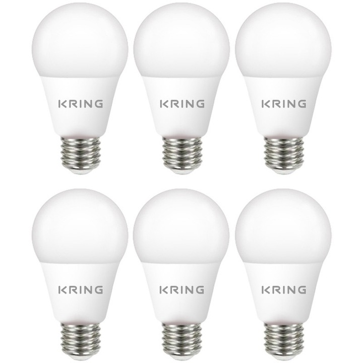 Комплект 6 LED крушки Kring, E27, 12W (110W), 1500 lm, Неутрална светлина (4000K), Енергиен клас E