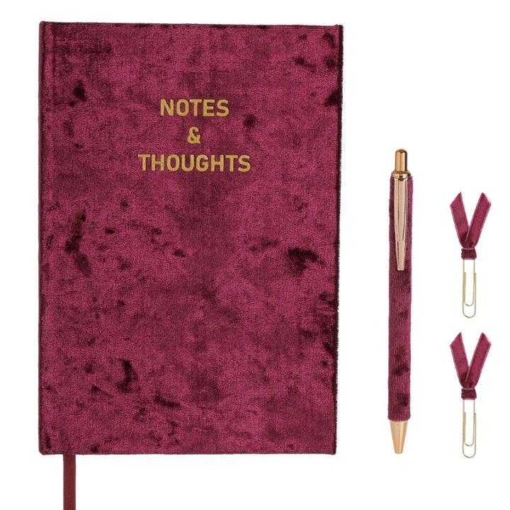 Set de birou cu carnetel catifelat roșu mov, pix cu cerneală roz albastră și 2 agrafe, 4buc, A5