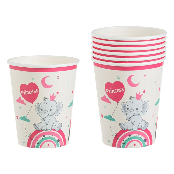 Bézs színű karton partipoharak elefánt és szivárvány herceg mintával 240 ml - 6 db