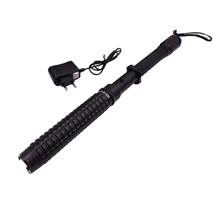 Lanterna cu Electrosoc Profesionala Model X10, Extensibil, Acumulator, Led, Negru, 42 cm, Dalimag