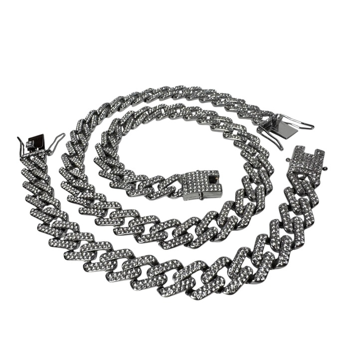 Set CUBAN DIAMOND BLACK colectia MACHO MAN by 7 ICE Colier LANT si Bratara cristale zirconiu metal inoxidabil si hipolergenic 2 cm latime 20 cm / 50 cm lungime AJUSTABILA pe marime ambalat in Cutie Cadou Premium inclusa, CADOLUX