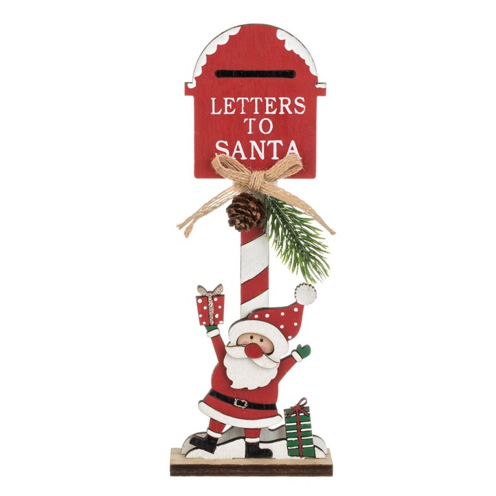 Cutie Postala Lemn, Model Craciun, Rosu, 22 cm, Decoratiune Mos Craciun-Cerbi, MYONNA IT & E- COMMERCE ®