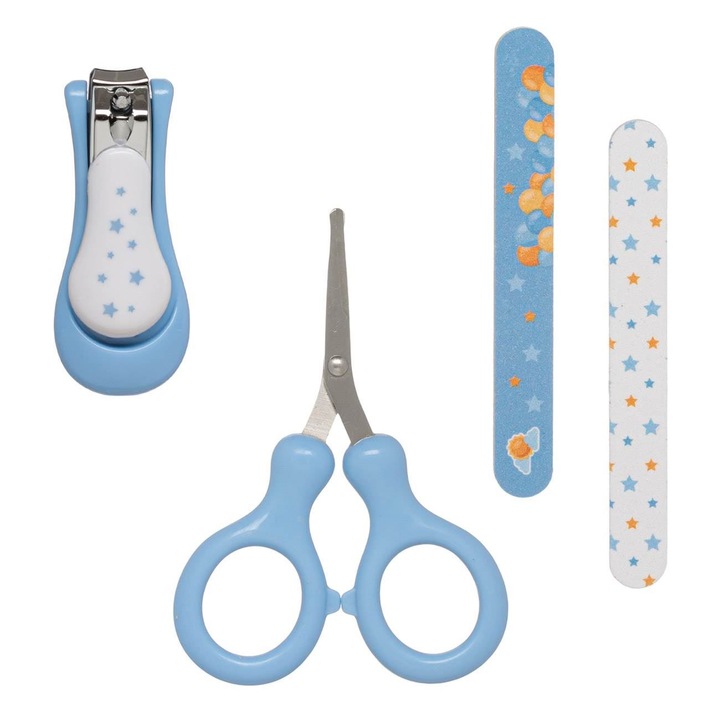 Set Ingrijire Bebelusi, Honey Baby, 4 Piese, Foarfece si Unghiera cu Huse, Pile Decorate, Albastru si Alb
