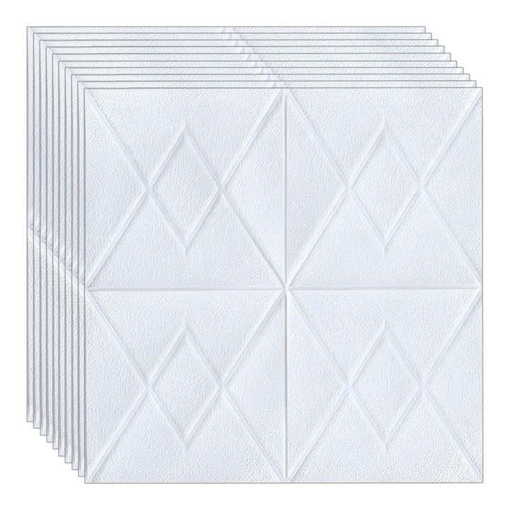 Set 30 x tapet autoadeziv 3D NEXTLY, pentru perete sau tavan, waterproof, ajustabil, adeziv puternic, usor de montat, suprafata acoperire 14.7 mp, 70x70 cm, design modern, romburi, alb, cod 14