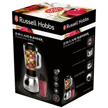 Blender Russell Hobbs 23821-56, 600W, vas sticla Stainless Steel, recipient portabil 2 in 1, Negru/Inox Blender Russell Hobbs 23821-56, 600W, vas sticla Stainless Steel, recipient portabil 2 in 1, Negru/Inox