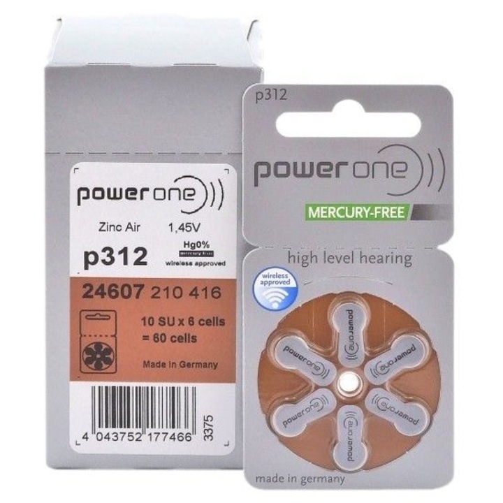 Baterii pentru proteze auditive PowerOne P312 Zinc-Aer - 10 blistere/60 bucati