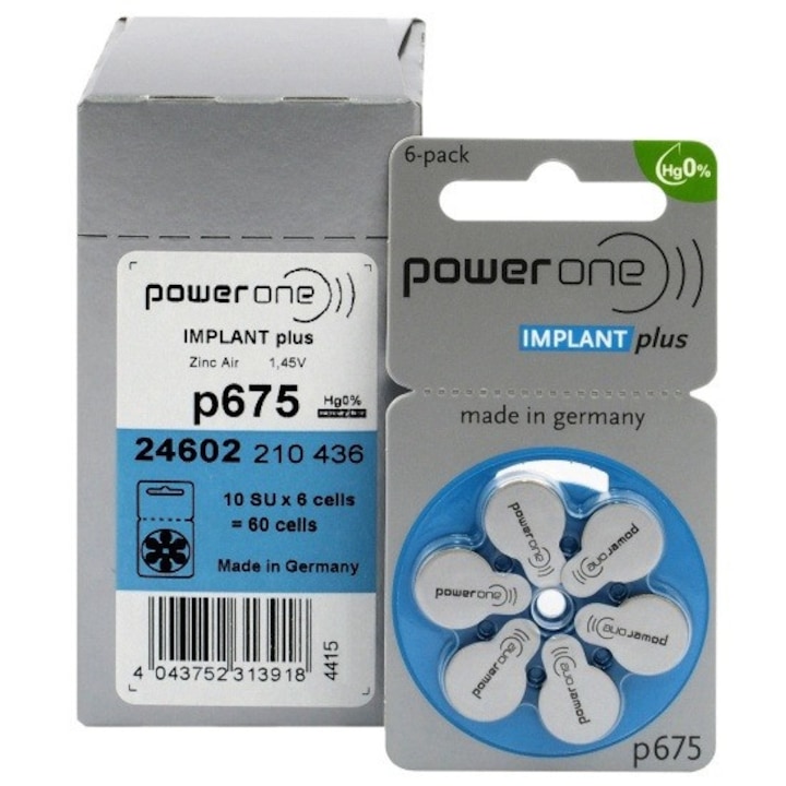 Baterii pentru proteze auditive PowerOne P675 IMPLANT Plus Cohlear Zinc-Aer - 10 blistere/60 bucati