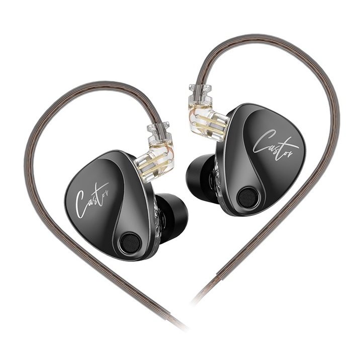 Слушалки KZ Castor In Ear 2DD, динамични с регулируема арматура Xtra Bass, HiFi, Монитор, шумопотискане, дунапренова гъба, Черни