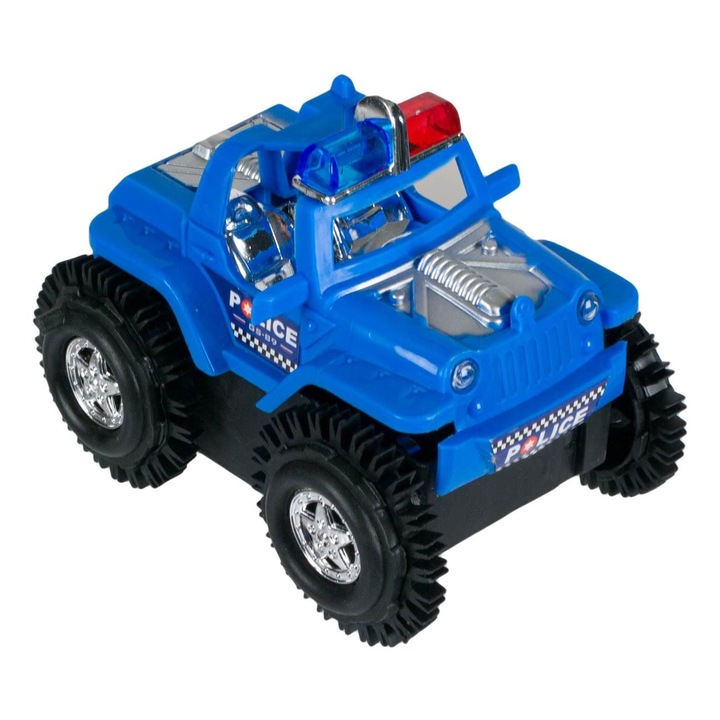 Játék terepjáró, rendőrségi, 360°-ban forgatható, kék, nagy abroncsok, MYONNA IT & E- COMMERCE ®