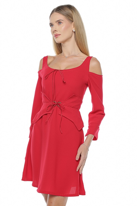 Rochie cu umeri decupati si centura-corset, Muse Mark, Viscoza, Rosu, Rosu