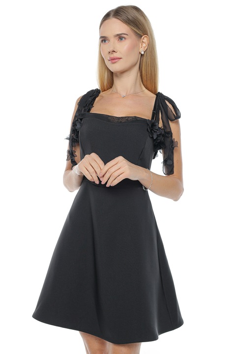 Rochie cu bretele ajustabile si flori, Muse Mark, Viscoza, Negru, Negru